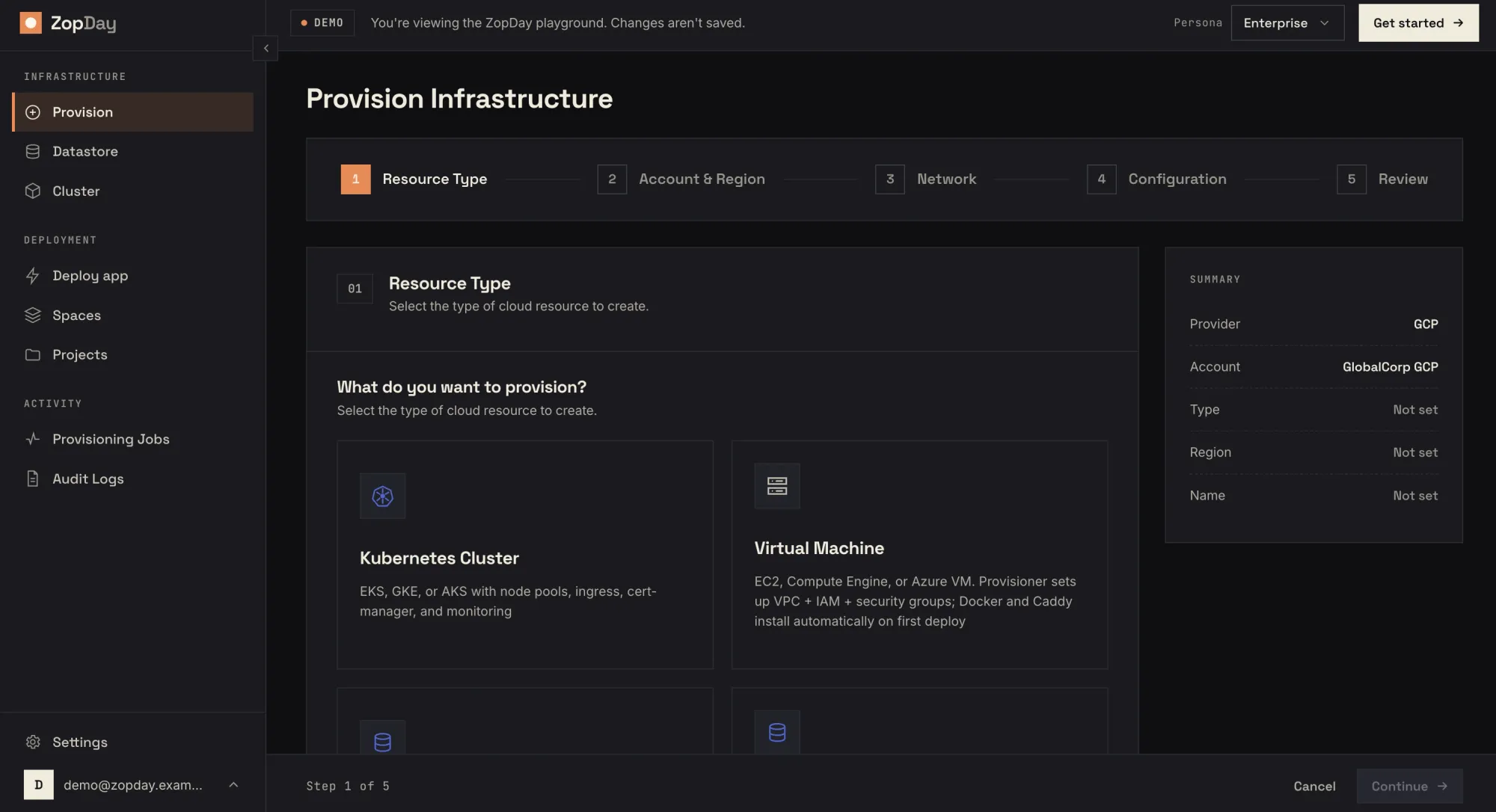 zopday deployment spaces console listing GCP, AWS, and Azure clusters
